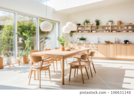 Blur background material of dining room with natural wooden furniture 106631148
