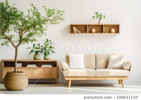 Blurred background material of a bright room with a white sofa and a large houseplant Blurred background material of a bright room with a white sofa and a large houseplant 106631150