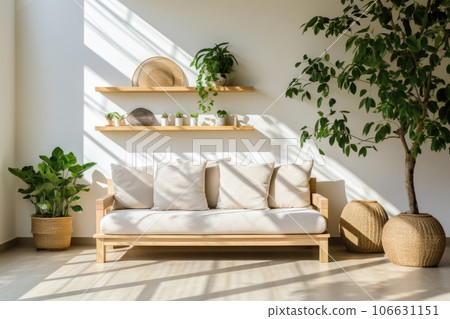 A refreshing room with a white sofa and bright sunlight 106631151
