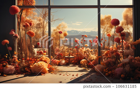 Natural landscape, flowers inside an abandoned building. Natural landscape, flowers inside an abandoned building. 106631185