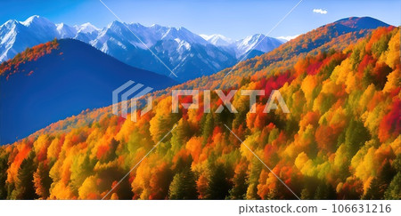Colorful autumn landscape with mountain views on a sunny day. 106631216