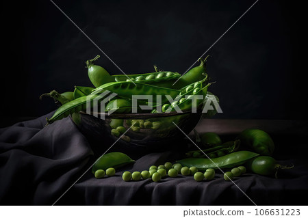 Green pea pods in a cup on a dark background. 106631223