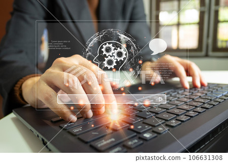 AI technology, Artificial Intelligence, Chatbot Chat and talk with AI, Using laptop for search and find data by command prompt, robot learning machine create or generate picture or article auto 106631308