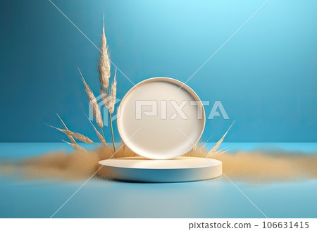 Podium on sand background. Display with sunshade and shadow on the background for cosmetic perfume fashion natural product. Generative AI. 106631415