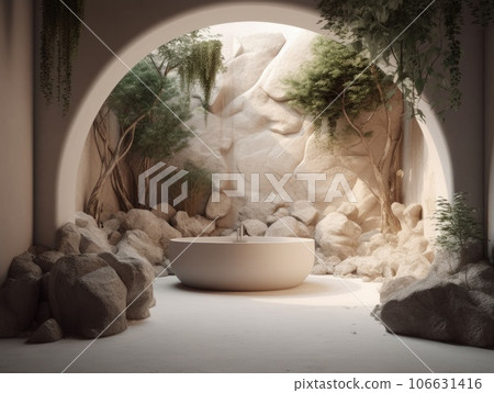 Bathtub on sand background. Display with sunshade and shadow on the dessert background. Generative AI. 106631416