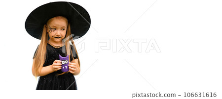 Banner with portrait of a little girl in a witch costume with a spider web pattern on his face and purple monster in his hands on the white background. Copy space. Banner with portrait of a little girl in a witch costume with a spider web pattern on his face and purple monster in his hands on the white background. Copy space. 106631616