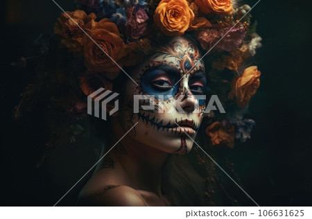 Portrait of a woman with sugar skull makeup over dark background. Halloween costume and make-up. Portrait of Calavera Catrina. Generative AI. 106631625