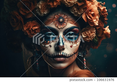 Portrait of a woman with sugar skull makeup over dark background. Halloween costume and make-up. Portrait of Calavera Catrina. Generative AI. 106631976
