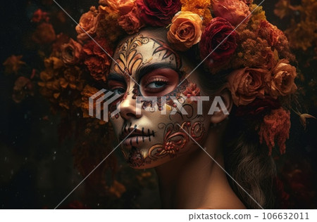 Portrait of a woman with sugar skull makeup over dark background. Halloween costume and make-up. Portrait of Calavera Catrina. Generative AI. Portrait of a woman with sugar skull makeup over dark background. Halloween costume and make-up. Portrait of Calavera Catrina. Generative AI. 106632011