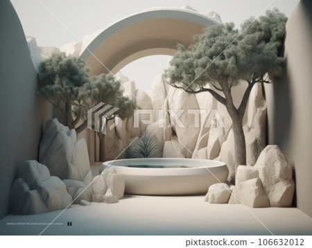 Bathtub on sand background. Display with sunshade and shadow on the dessert background. Generative AI. Bathtub on sand background. Display with sunshade and shadow on the dessert background. Generative AI. 106632012