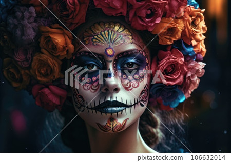 Portrait of a woman with sugar skull makeup over dark background. Halloween costume and make-up. Portrait of Calavera Catrina. Generative AI. Portrait of a woman with sugar skull makeup over dark background. Halloween costume and make-up. Portrait of Calavera Catrina. Generative AI. 106632014