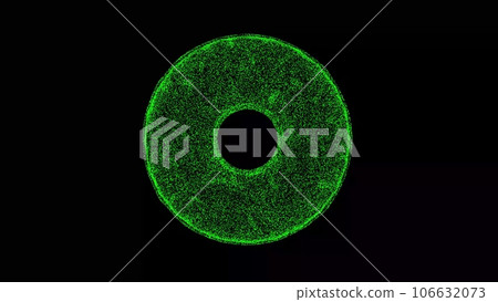 3D Donut on black background. Business advertising backdrop. For title, text, presentation. Object dissolved flickering particles. 3d animation. 106632073
