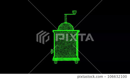 3D Vintage coffee grinder on black bg. Old manual coffee grinder. For title, text, presentation. 3d animation. 106632100