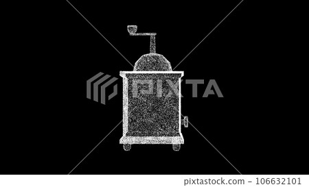 3D Vintage coffee grinder on black bg. Old manual coffee grinder. For title, text, presentation. 3d animation. 106632101