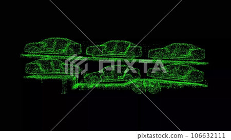 3D Car Transporter Trailer on black bg. Car carrier of Trucks series. Car transport truck. For title, text, presentation. 3d animation. 106632111
