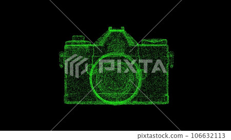 3D photo camera on black bg. Digital camera. Professional photographer traveler concept. For title, text, presentation. Business advertising backdrop. 3d animation. 106632113