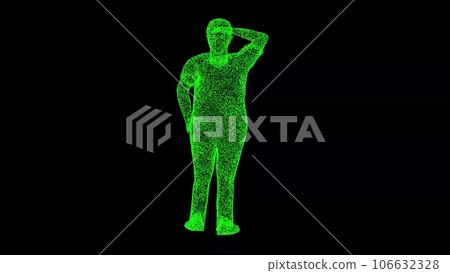 3D Tired fat woman on black bg. Resting after running, being tired. Sport and obesity concept. Fat woman dieting, fitness and healthy food. For title, text, presentation. 3d animation. 106632328
