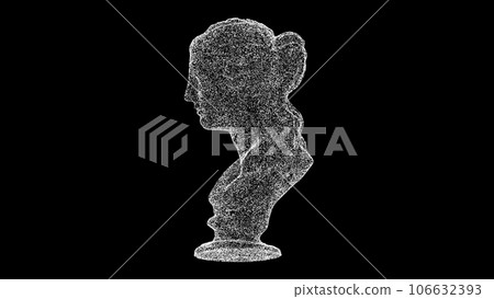 3D bust on black bg. Female antique statue's head. Historic concept. Ancient greek sculpture. For title, text, presentation. Shimmering particles. 3D animation. 106632393