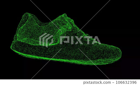 3D shoes on black bg. Product presentation shoe concept. Holographic sneaker shoe. Business advertising backdrop. Shimmering particles. For title, text, presentation. 3D animation. 106632396