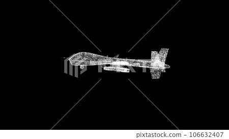 3D Military drone on black background. Modern Military Copter Technology concept. Aerial Weapon, Unpilot aircraft. For title, text, presentation. Shimmering particles. 3d animation. 3D Military drone on black background. Modern Military Copter Technology concept. Aerial Weapon, Unpilot aircraft. For title, text, presentation. Shimmering particles. 3d animation. 106632407