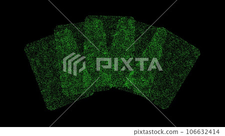 3D playing cards on black bg. Gambling, luck and casino concept. For title, text, presentation. Object made of shimmering particles. 3d animation. 106632414