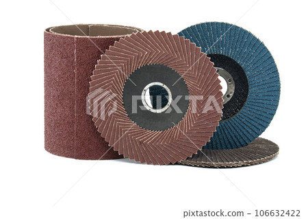 Abrasive sanding discs and sandpaper over white Abrasive sanding discs and sandpaper over white 106632422
