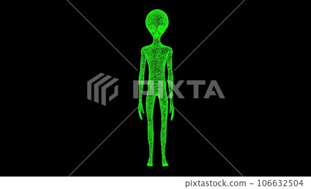 3D Green Man on black bg. Alien Extra Terrestrial life-form. UFO concept. For title, text, presentation. Object made of shimmering particles. 3d animation. 3D Green Man on black bg. Alien Extra Terrestrial life-form. UFO concept. For title, text, presentation. Object made of shimmering particles. 3d animation. 106632504