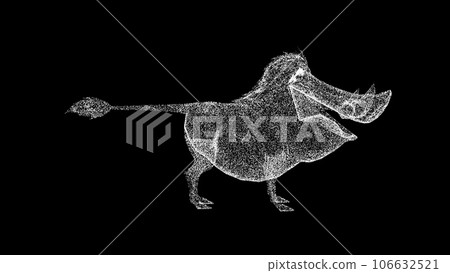 3D wild boar warthog on black bg. Wild animals concept. Protection of the environment. For title, text, presentation. Object made of shimmering particles. 3d animation. 106632521