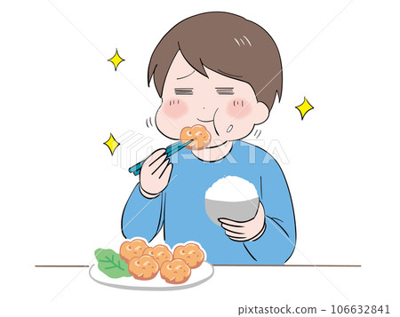 一位身著休閒服的年輕男子津津有味地吃著炸雞和米飯（上半身） 106632841