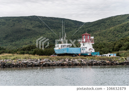 Pleasant Bay Marina fishing village boat tour whale watching Cape Breton Island Cabot Trail Nova Scotia Highlands Canada 106632879