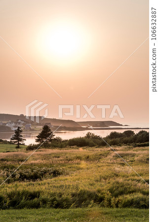 Stunning Sunset panoramic view Cape Breton Island Coast line cliff Cabot Trail route, Nova Scotia Highlands Canada 106632887