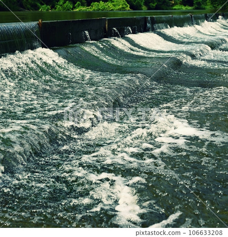 Running water in the river. Rafting on the river Jihlava and a beautiful natural swimming pool in the forest. Stribsky mill - Czech Republic. 106633208