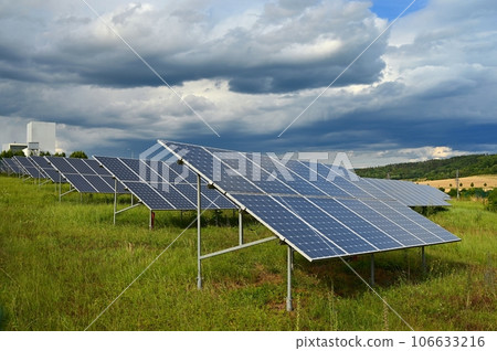 Technology solar cell. Solar panels on the sky background. Power plant. Alternative source of electricity. Solar farm. 106633216