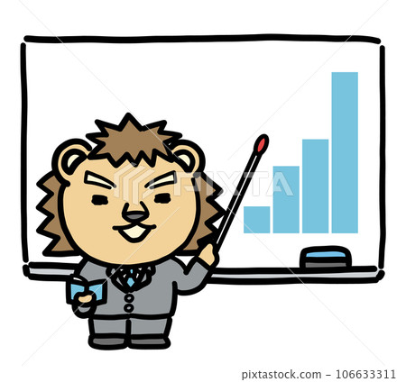 Lion male office worker explaining on the whiteboard Lion male office worker explaining on the whiteboard 106633311