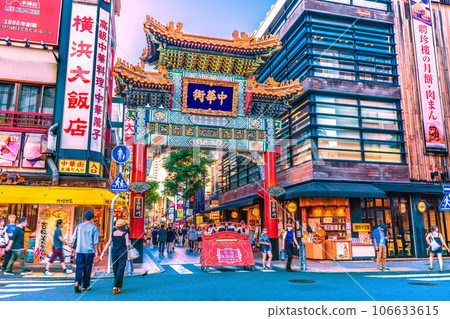 Yokohama, Japan cityscape View of the bustling Yokohama Chinatown and Zenrinmon. No outbreak of infection = August 106633615