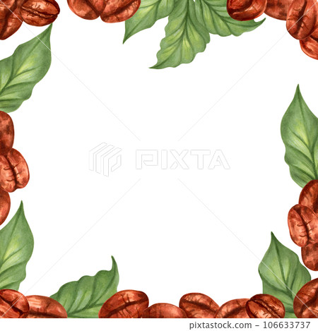 Square frame made of coffee beans and leaves. The aroma of Robusta and Arabica varieties. International Coffee Day. Cappuccino, mocha, espresso, latte, chocolate ingredient.Hand drawn isolated art 106633737