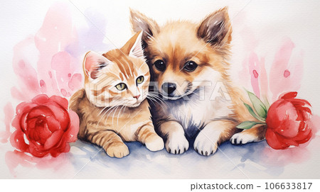 Watercolor drawing of a cat and a dog lying next to each other, loving each other, in love. High quality photo Watercolor drawing of a cat and a dog lying next to each other, loving each other, in love. High quality photo 106633817