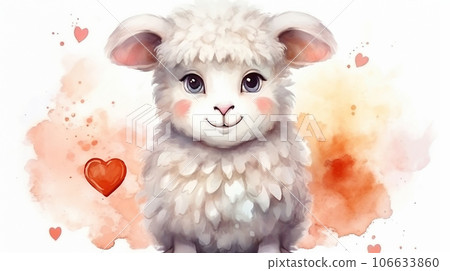 watercolor drawing of a sheep in love on Valentine's Day. High quality photo 106633860