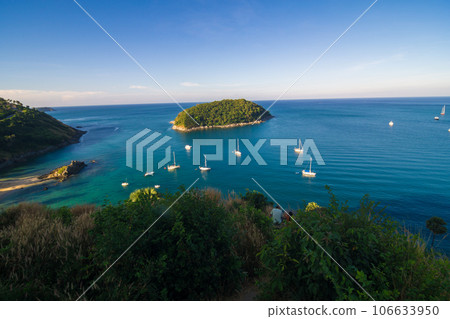 Landscape of sea with mountan island and white boat 106633950