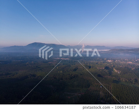 Aerial view mountain sunrise with fog sunrise light morning Aerial view mountain sunrise with fog sunrise light morning 106634187