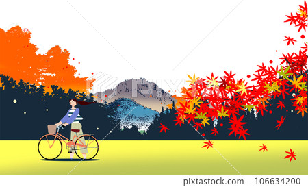 一個女人在秋天的落葉山野裡騎自行車 一個女人在秋天的落葉山野裡騎自行車 106634200