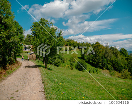 Family walk in Zakarpattya village Carpathian mountains view Ukraine Europe Scenic landscape trees sunny day Cottagecore 106634316
