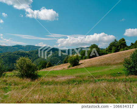 Village in Zakarpattya region with old authentic wooden houses Carpathian mountains view Ukraine Europe. Cottagecore Village in Zakarpattya region with old authentic wooden houses Carpathian mountains view Ukraine Europe. Cottagecore 106634317