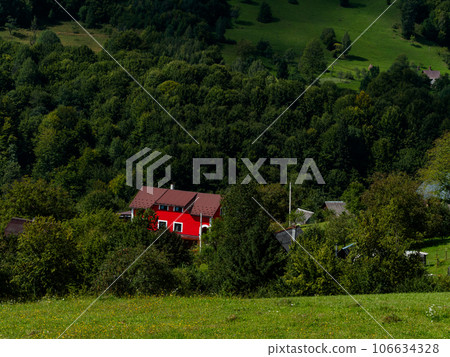 Modern red house in Carpathian mountains forest, Ukraine, Europe. Scenic landscape green meadow spruce trees Cottagecore 106634328
