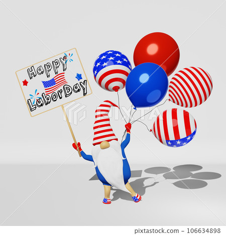 United States Labor Day gnome in hat with signboard and balloons 3D render banner National workers day american laborer. 106634898