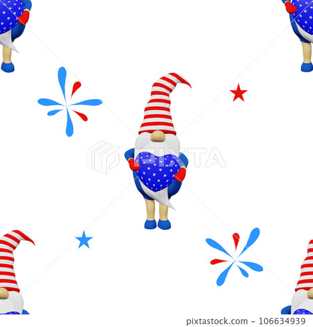 United States Independence Day gnome striped hat seamless pattern. 4th of July national USA flag holiday fabric design. United States Independence Day gnome striped hat seamless pattern. 4th of July national USA flag holiday fabric design. 106634939
