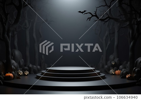 Black podium shelf or empty pedestal display with pumpkins, spiders, bats on dark Halloween background. Blank stand for showing product. Happy halloween banner mockup. 3D rendering. 106634940