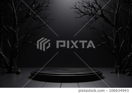 Black podium shelf or empty pedestal display with pumpkins, spiders, bats on dark Halloween background. Blank stand for showing product. Happy halloween banner mockup. 3D rendering. Black podium shelf or empty pedestal display with pumpkins, spiders, bats on dark Halloween background. Blank stand for showing product. Happy halloween banner mockup. 3D rendering. 106634943