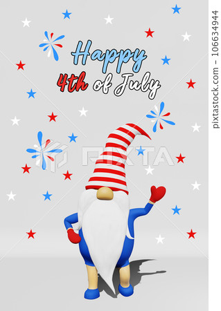 United States Independence Day gnome in striped hat 3D rendering. 4th of July national USA holiday greeting card banner. United States Independence Day gnome in striped hat 3D rendering. 4th of July national USA holiday greeting card banner. 106634944