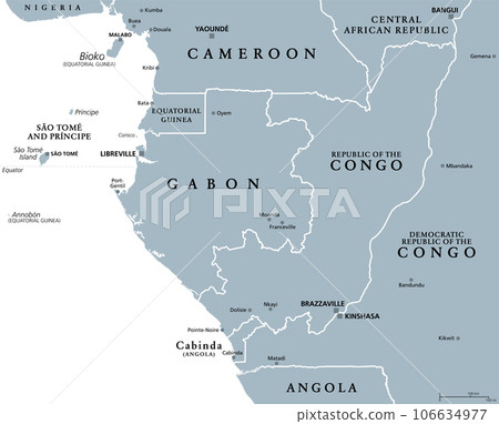 Part of Central Africa, subregion of the African continent, gray political map, with capitals, borders and largest cities. Gabon, Republic of the Congo, Sao Tome and Principe, and Equatorial Guinea. Part of Central Africa, subregion of the African continent, gray political map, with capitals, borders and largest cities. Gabon, Republic of the Congo, Sao Tome and Principe, and Equatorial Guinea. 106634977